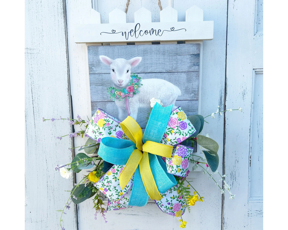 Easter Picket Fence Door Wreath with Lamb, Wood Porch Decoration, Floral Accents